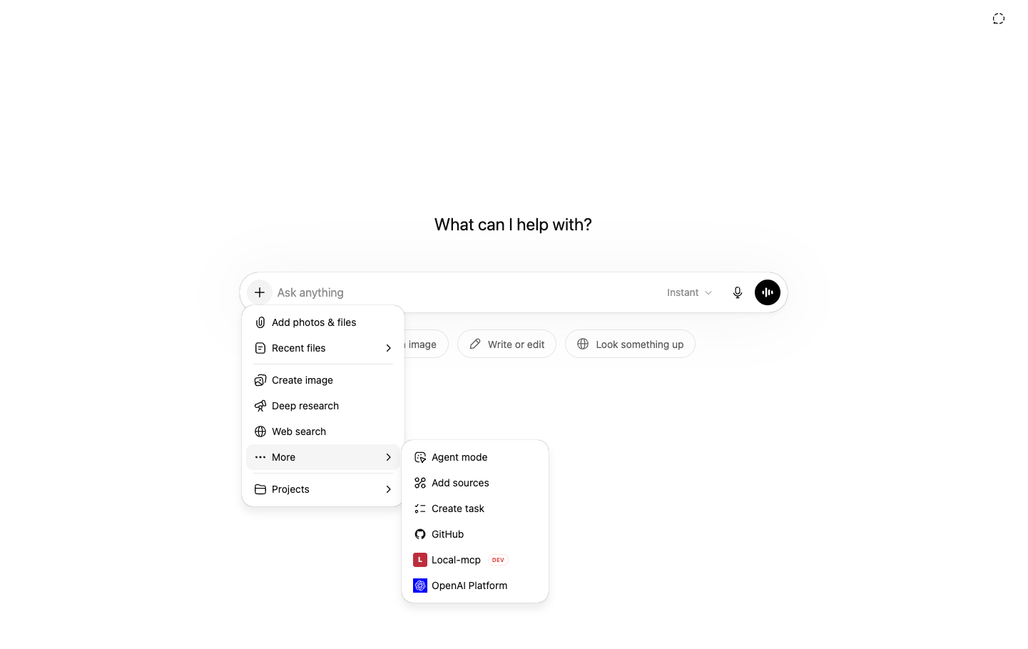 ChatGPT composer plus menu, More submenu, Local-mcp entry