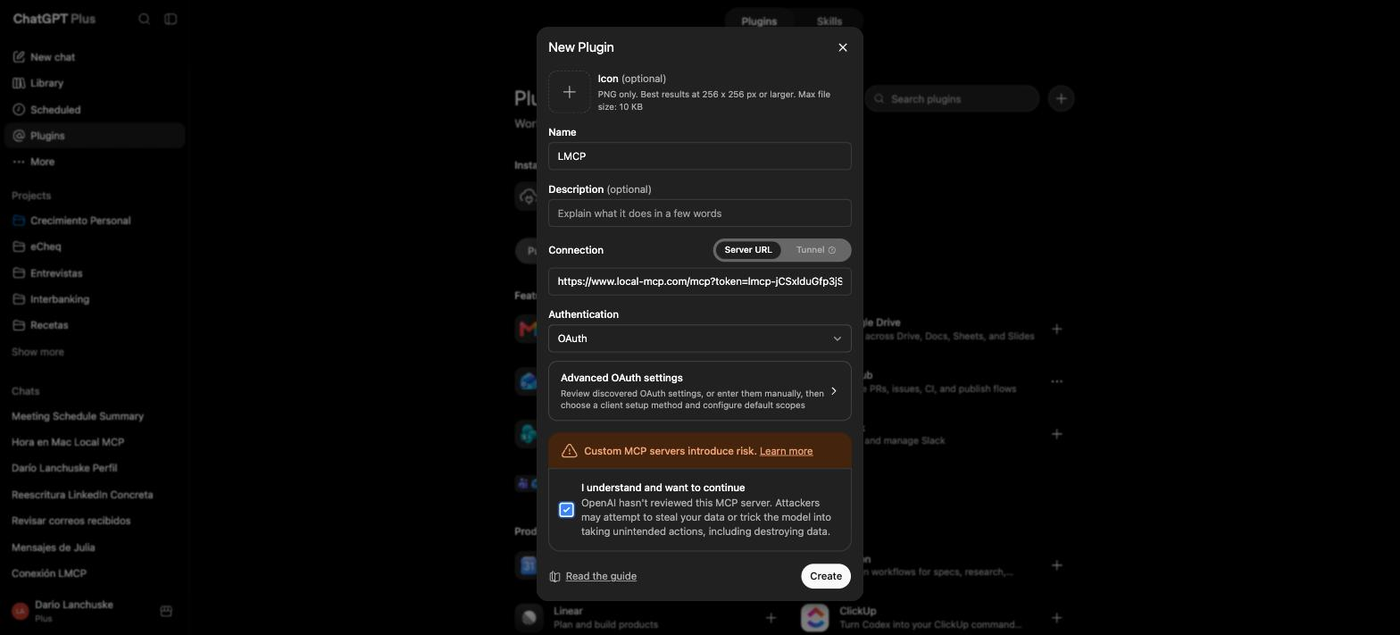 ChatGPT New Plugin dialog with Name LMCP, the server URL, and Authentication set to OAuth