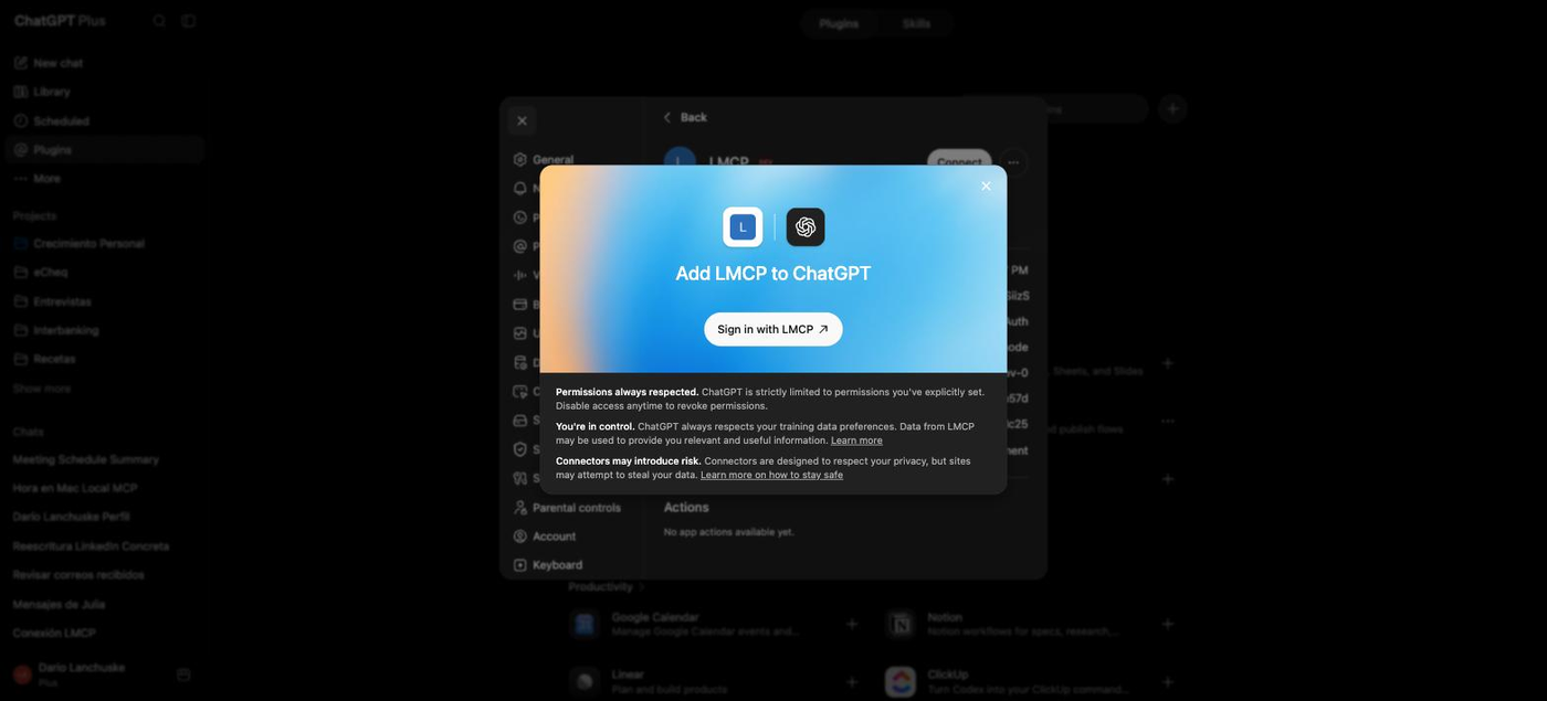 ChatGPT showing “Add LMCP to ChatGPT” with the Sign in with LMCP button — the step people miss