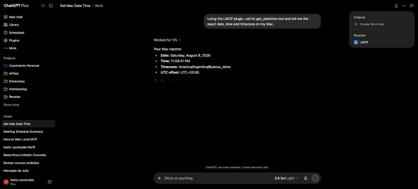 ChatGPT answering with the Mac’s real date, time and timezone, citing LMCP as the source