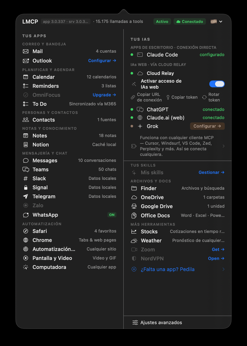 App de barra de menú de LMCP mostrando 15 apps conectadas
