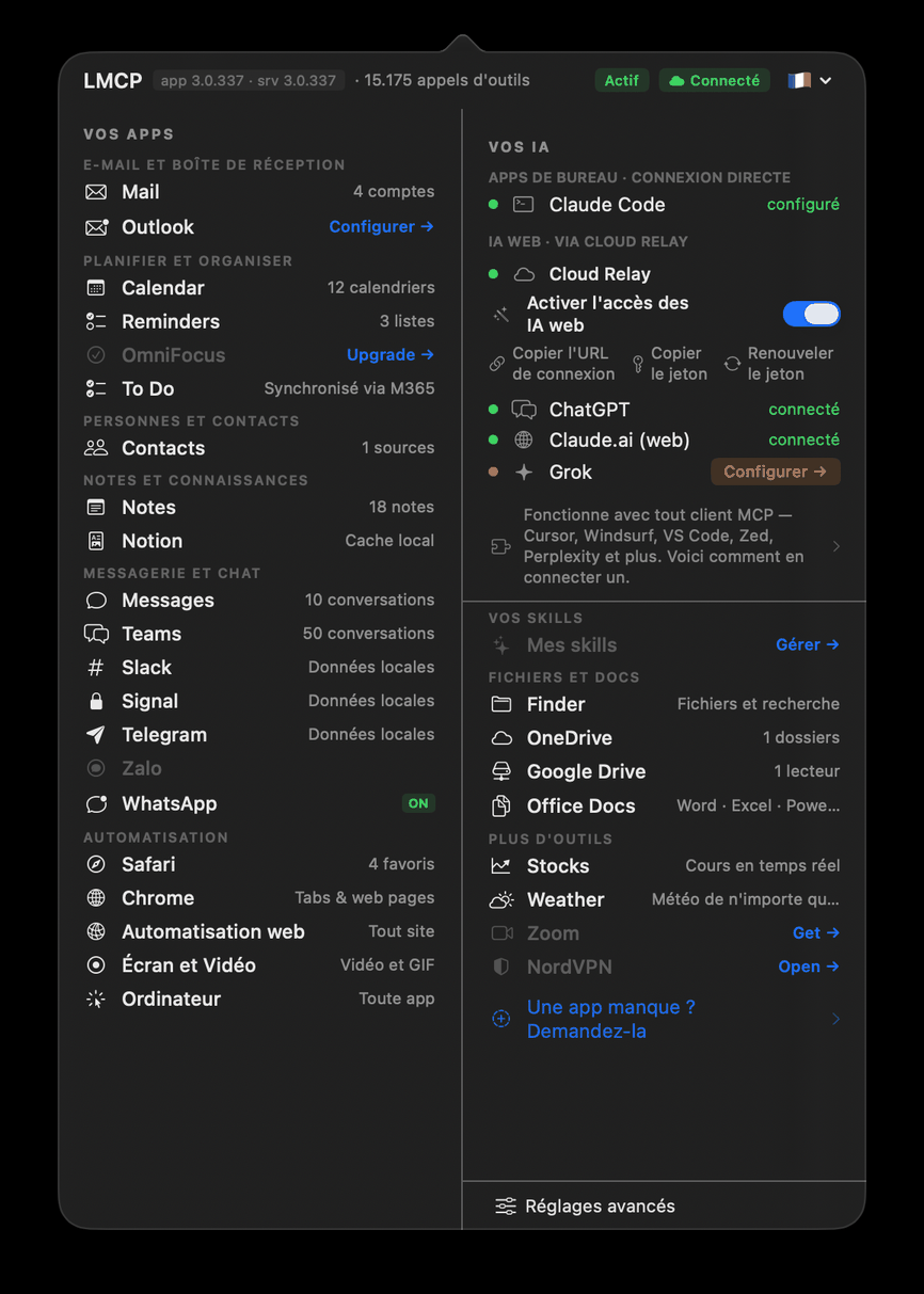 App de barre de menu LMCP montrant 15 apps connectées