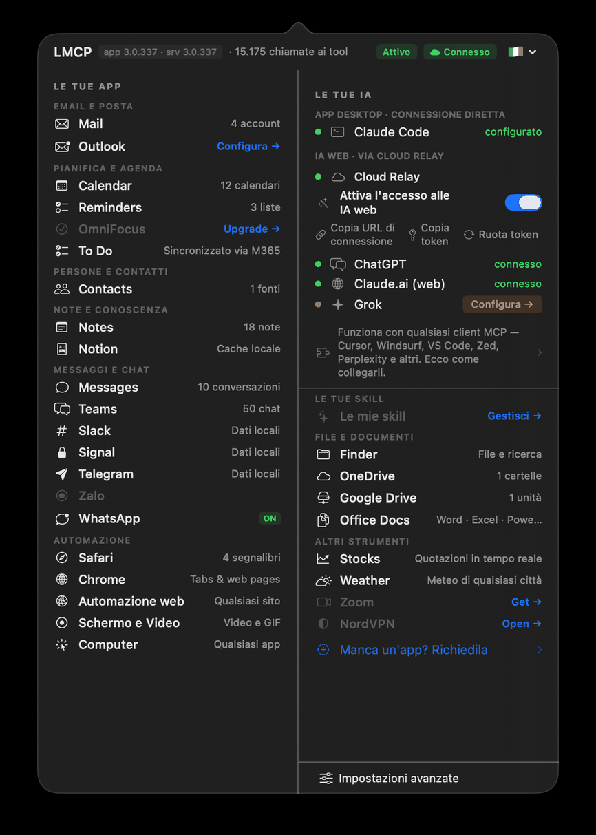 App barra menu LMCP che mostra 15 app  connesse
