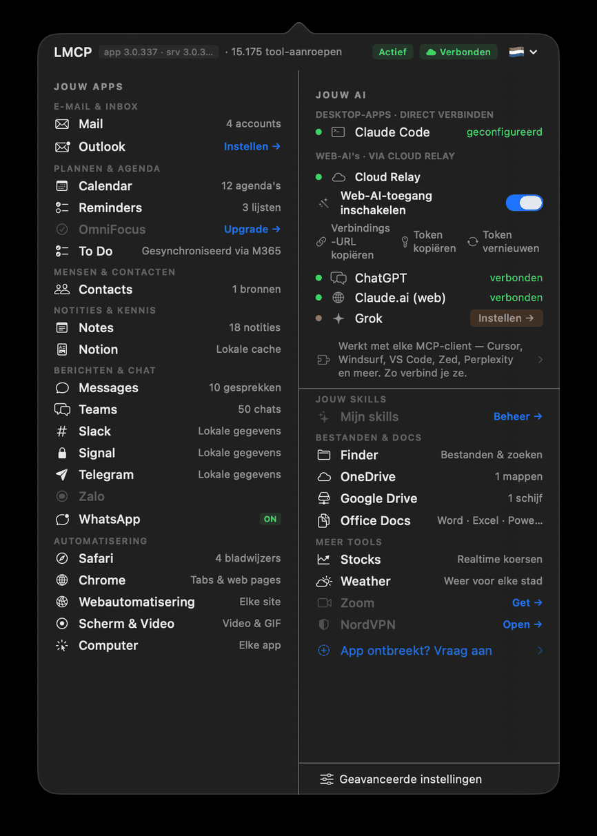 LMCP menubalk-app toont 15 verbonden apps