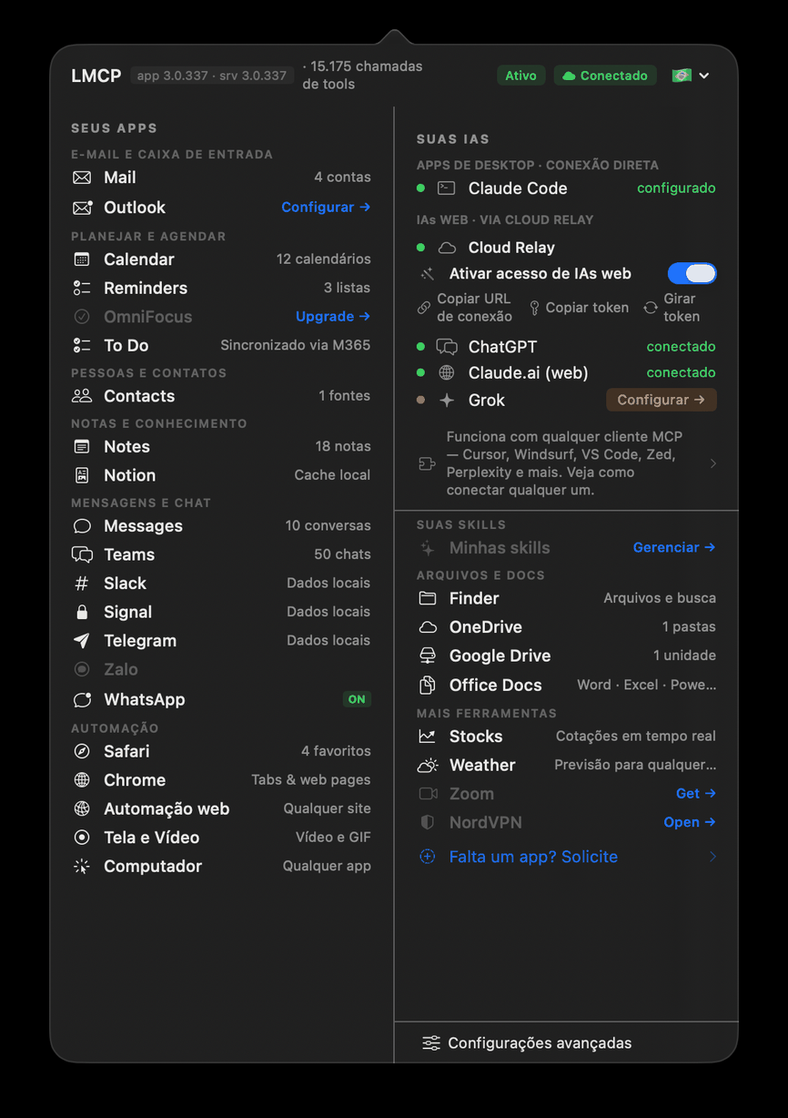 App da barra de menu do LMCP mostrando 15 apps conectados