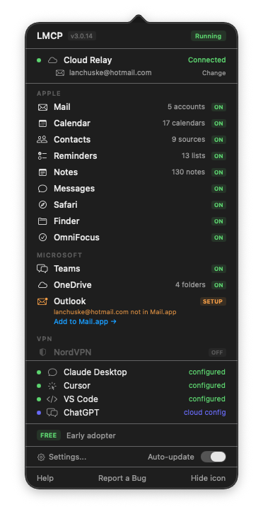 LMCP menu bar app showing 15 connected apps